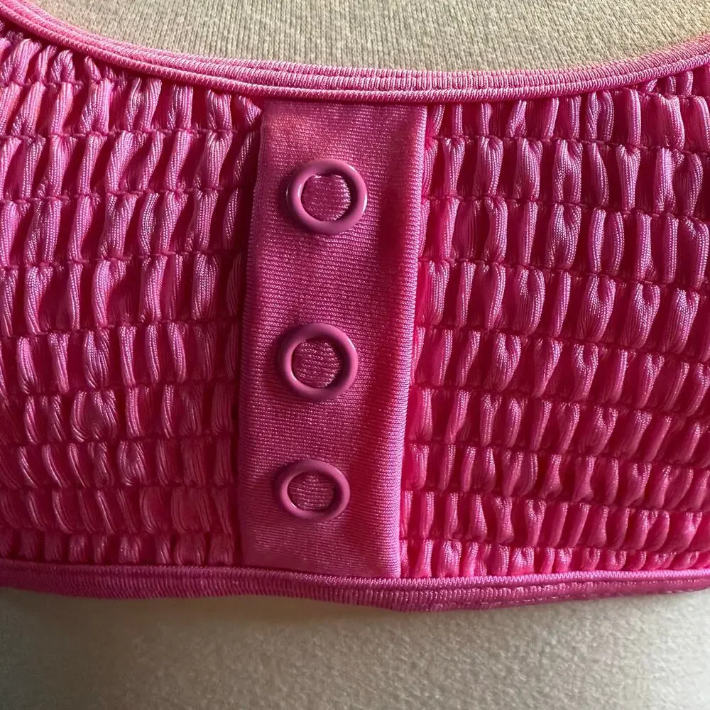 Kendall + Kylie 3 Snap Henley Bikini Top, Neon Pink, Medium, NWT